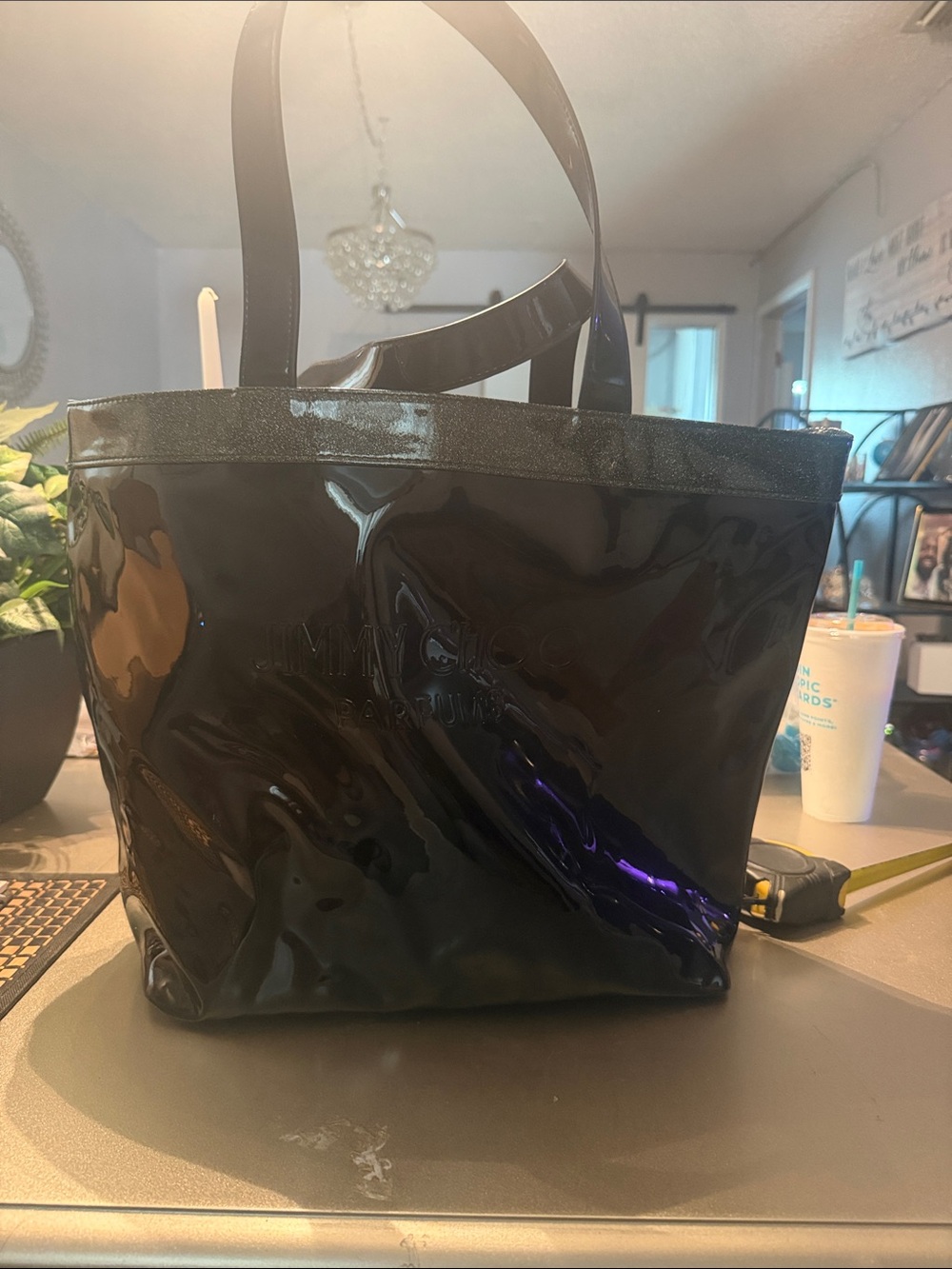 Jimmy Choo Black Patent Tote with Subtle Purple Sheen